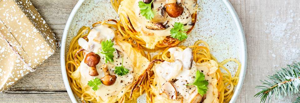 Gevulde spaghettinestjes met raclette en deluxe paddenstoelen 